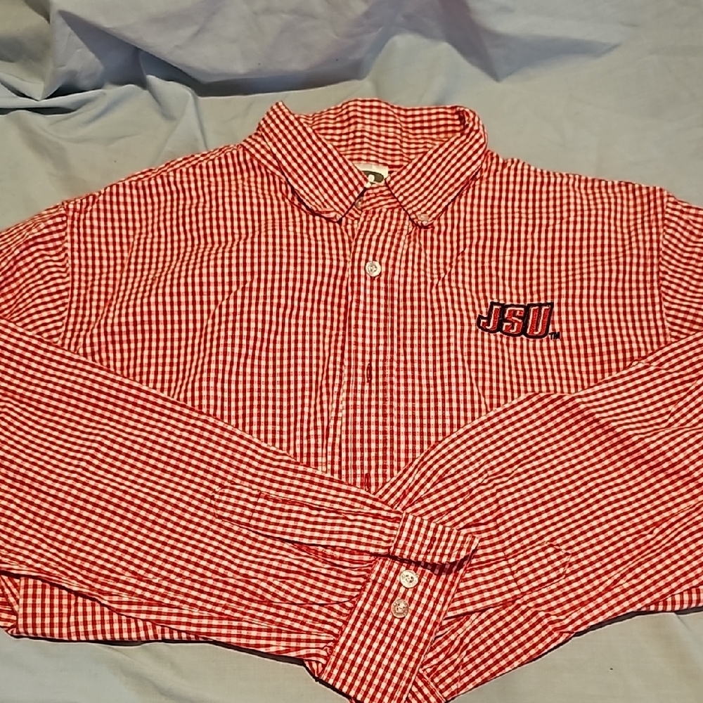 JSU Red and White Checkered Button-Up Shirt